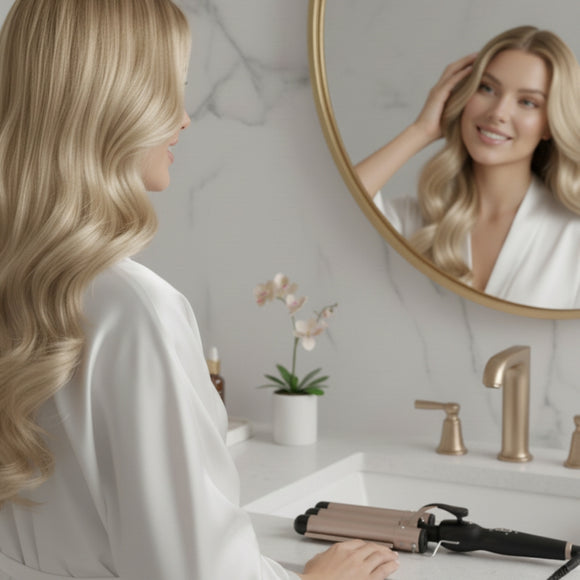 woman in bathroom loving her hair after using the dreamwaver